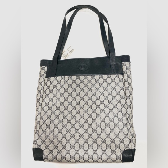 NWT GUCCI Vintage Navy GG Monogram Large Tall Travel Tote 90s Leather Canvas Bag - Picture 1 of 9